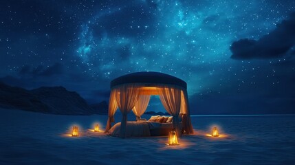 Unexpected spontaneous travel highlighting surprise getaway trips with exciting twists on a starlit open-air desert lounge