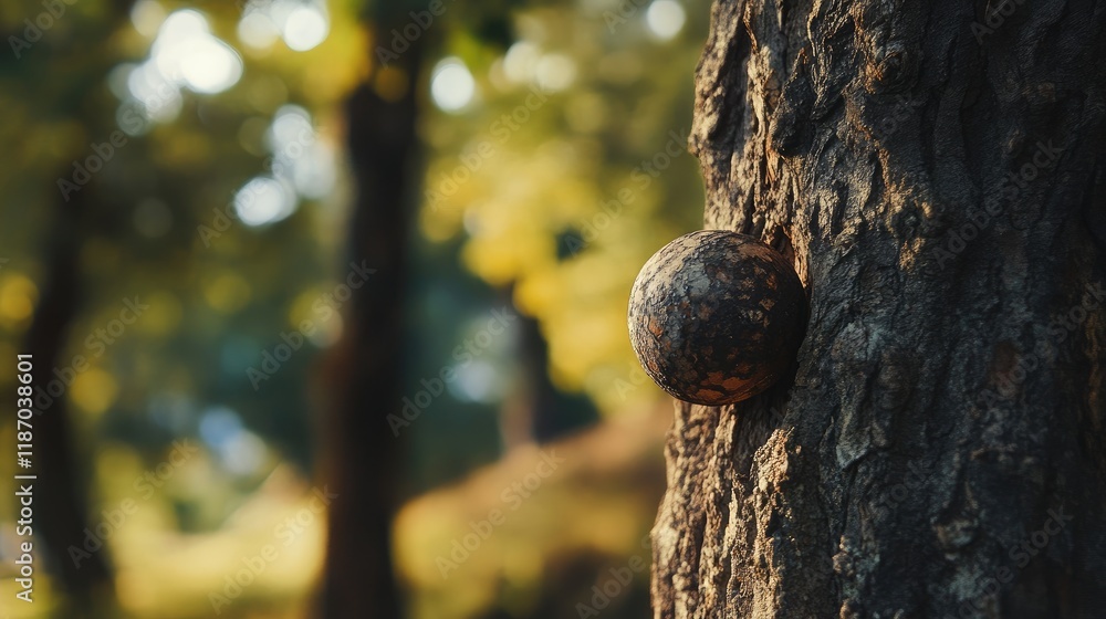 Poster natural scene featuring a ball embedded in a tree trunk surrounded by lush green foliage in a serene