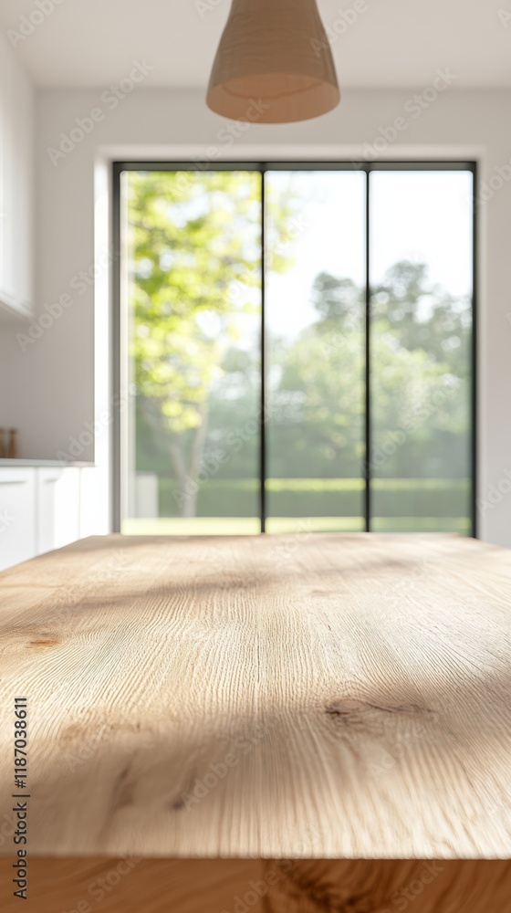 Leinwandbilder Sunlight illuminates an empty wooden table in a modern kitchen, creating a warm and inviting space with a blurred view of a lush garden through large windows