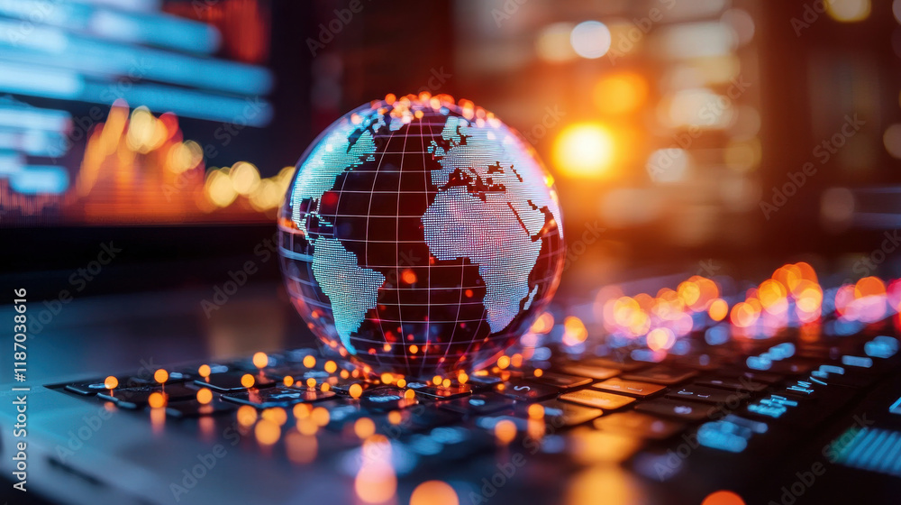 Poster dynamic scene depicting globalization with globe on keyboard, symbolizing technology and connectivity in business. vibrant colors and data visuals enhance modern feel