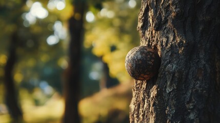 Natural scene featuring a ball embedded in a tree trunk surrounded by lush green foliage in a serene outdoor environment.