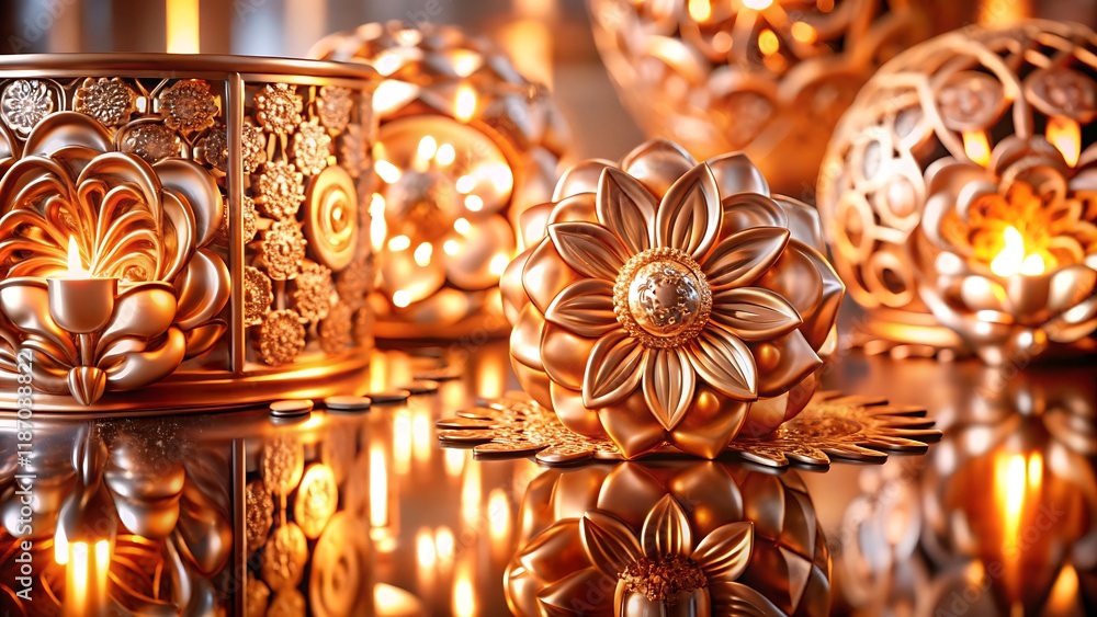 Poster a close-up of golden roses and a decorative sphere adorned with intricate patterns, illuminated by w