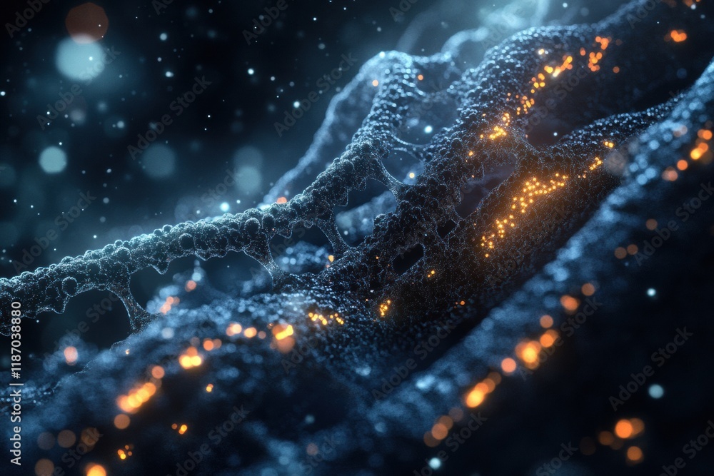 Poster Visualization of a virus structure highlighting capsid spikes and glowing RNA strands in intricate detail. Generative AI