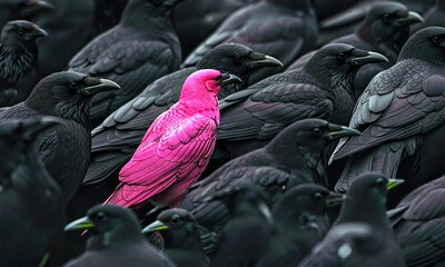 Bright pink bird standing among black crows