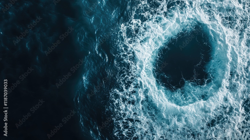 Poster aerial view of ocean waves forming circular pattern on dark background with space for text and desig