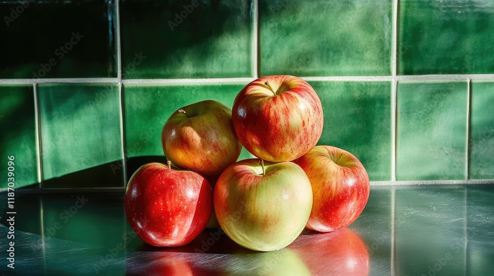 Poster ripe apples arranged in a pyramid on a metallic table with a green tiled wall background casting int
