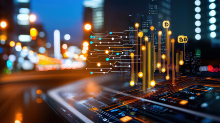 dynamic view of global markets with digital currency trends and data visualization, showcasing technology and finance in urban setting