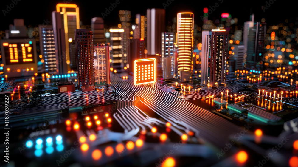 Poster futuristic cityscape with glowing buildings and circuit patterns, representing technological advance