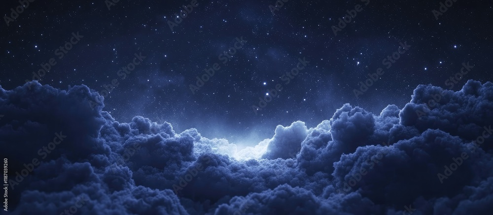 Poster abstract night sky filled with clouds and stars featuring empty space for text or design elements