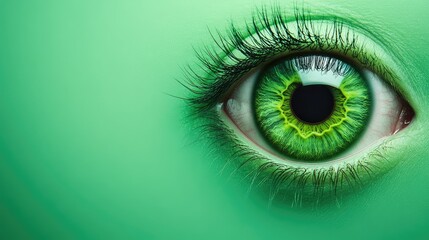 Fototapeta premium Aerial view of a vibrant green human eye with intricate details and ample copyspace for creative text placement