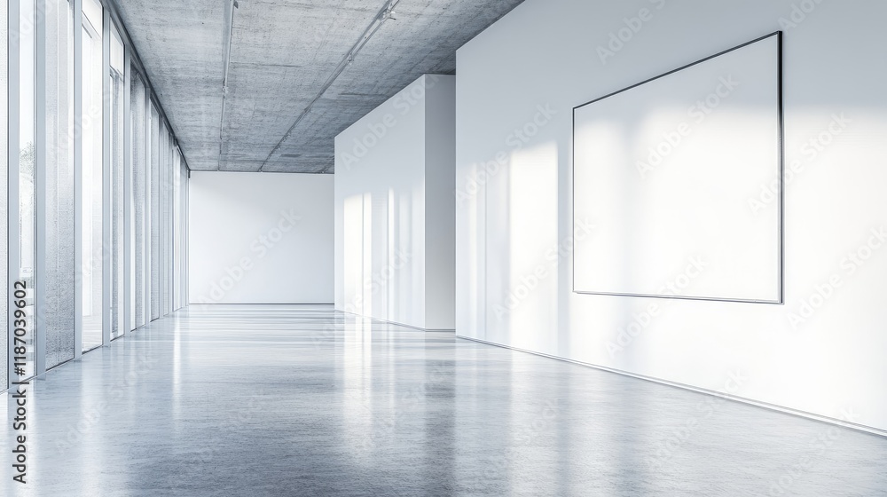 Poster modern art gallery interior featuring minimalistic design and blank wall space for art display in br