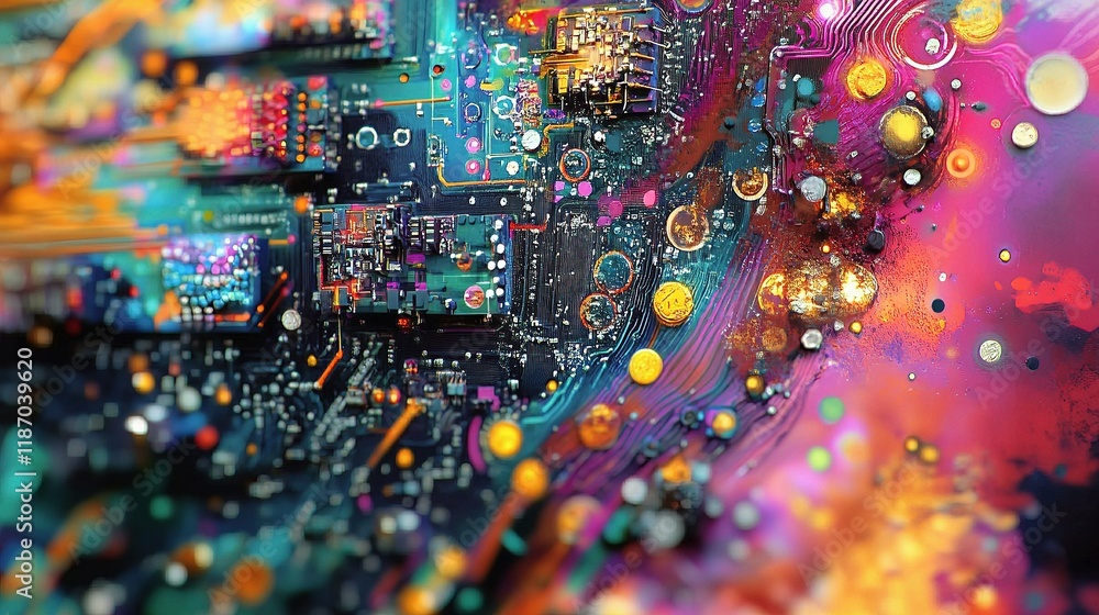 Poster detailed integrated microchip circuitry with vibrant colors and patterns