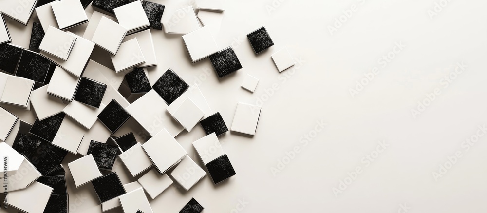 Poster abstract arrangement of black and white tiles on a light background with ample white space for inser
