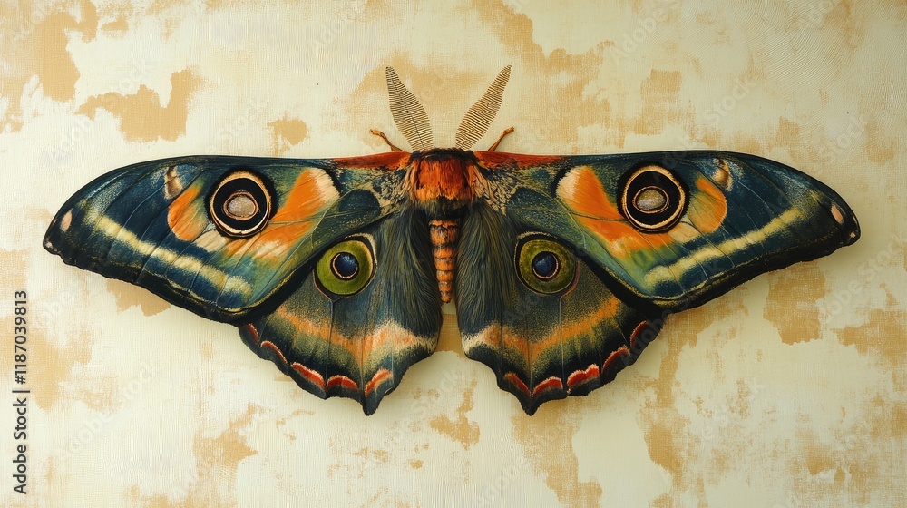 Poster amata fortunei moth vibrant colorful wings with intricate patterns displayed on textured background