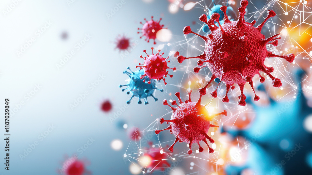 Leinwandbilder dynamic visualization of global health challenges, featuring colorful virus models in red and blue, 