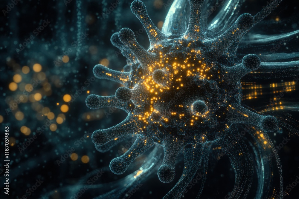 Poster detailed 3d visualization of a virus structure with glowing molecular details and noticeable spikes 