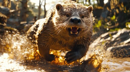 Obraz premium Aggressive otter charging through shallow water in forest stream, wildlife action shot.