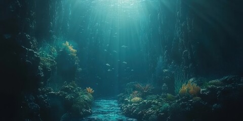 Sunbeams Illuminate Deep Ocean Canyon Scene