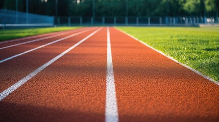 Asphalt running track with starting line on a stadium sports field under clear blue sky ready for competition and athletic events