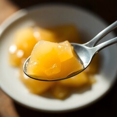 Spoonful of golden yellow fruit jelly.