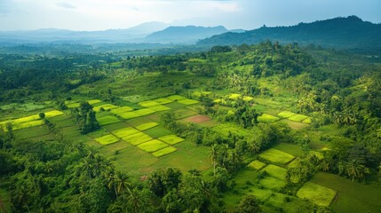 Fototapeta premium Aerial view of lush green countryside with fertile fields and hills under a clear sky ideal for nature and agriculture themes