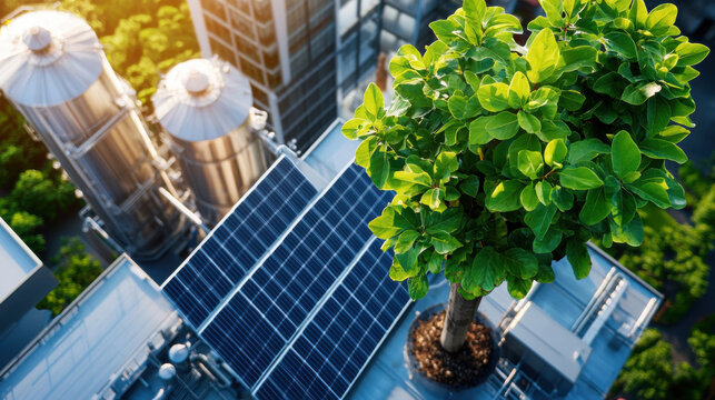 factory utilizing renewable energy with solar panels and greenery. image showcases tree growing on rooftop, symbolizing sustainability and eco friendly practices