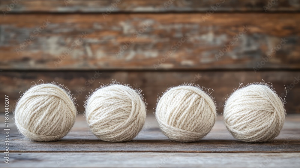 Aufkleber wool balls lined up on a rustic wooden surface showcasing texture and craftsmanship in a warm, invit