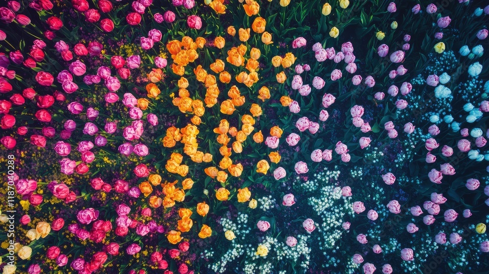 Poster vibrant aerial view of blooming tulip fields showcasing a stunning array of colors in springtime flo