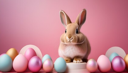 Easter Bunny on Ground with Decorative Easter Eggs around with Pink Background