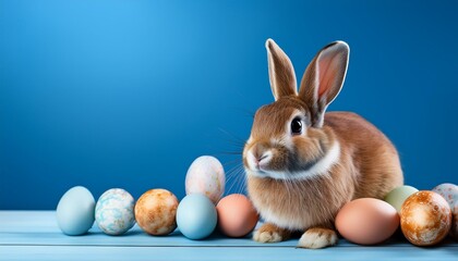 Easter Bunny on Platform with Decorative Easter Eggs around with Blue Background