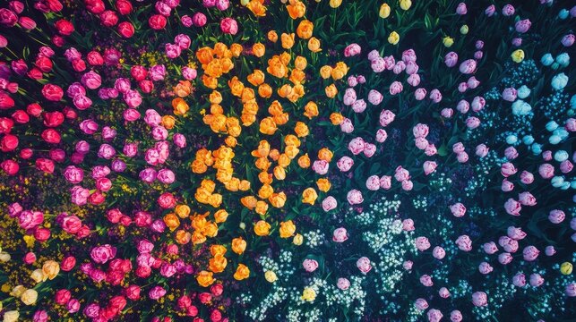 Vibrant aerial view of blooming tulip fields showcasing a stunning array of colors in springtime floral nature landscape. - Powered by Adobe