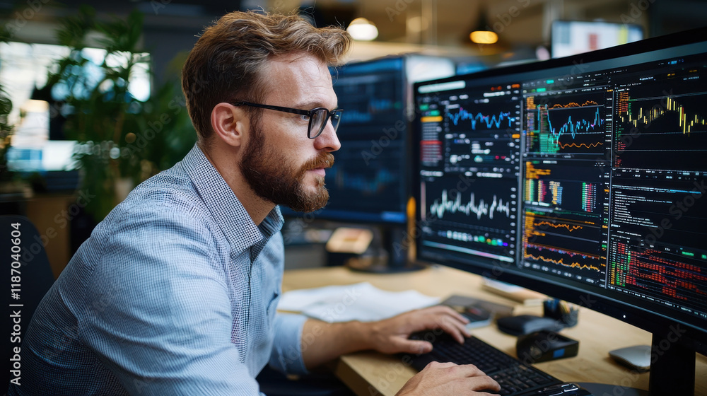 Poster financial analyst in modern workspace, focused on data analysis and market trends. environment is te