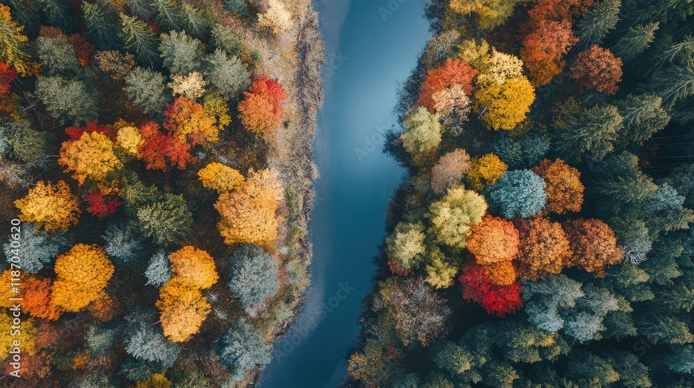 Poster aerial view of colorful autumn forest and serene river with space for text placement in nature lands