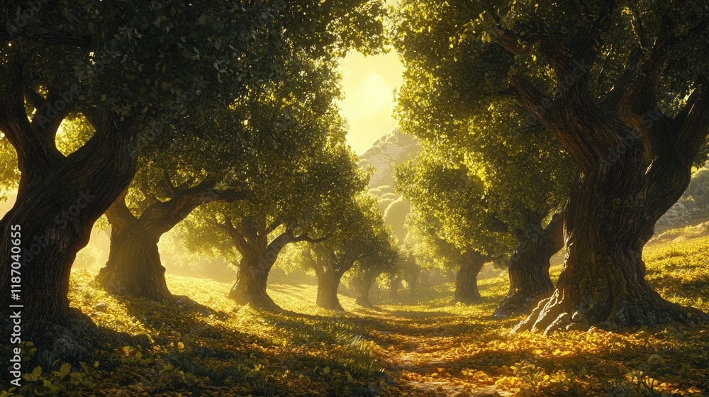 Poster majestic ancient trees line a sunlit orchard creating a serene path through lush greenery and golden