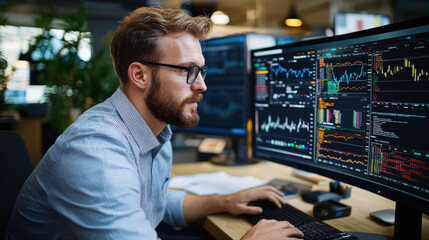 financial analyst in modern workspace, focused on data analysis and market trends. environment is tech savvy, showcasing multiple screens with financial graphs and statistics
