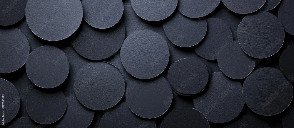 Poster abstract black circular cardboard shapes in various sizes against a textured background providing am