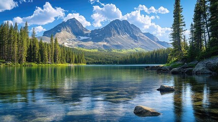 Stunning summer landscape of mountains reflected in tranquil Fish Lake surrounded by lush greenery and clear blue skies