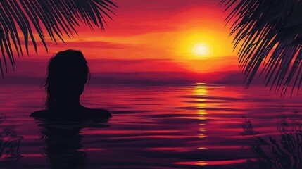 Fototapeta premium Vibrant romantic sunset over calm ocean water with silhouette of a woman and lush palm leaves creating a serene tropical atmosphere
