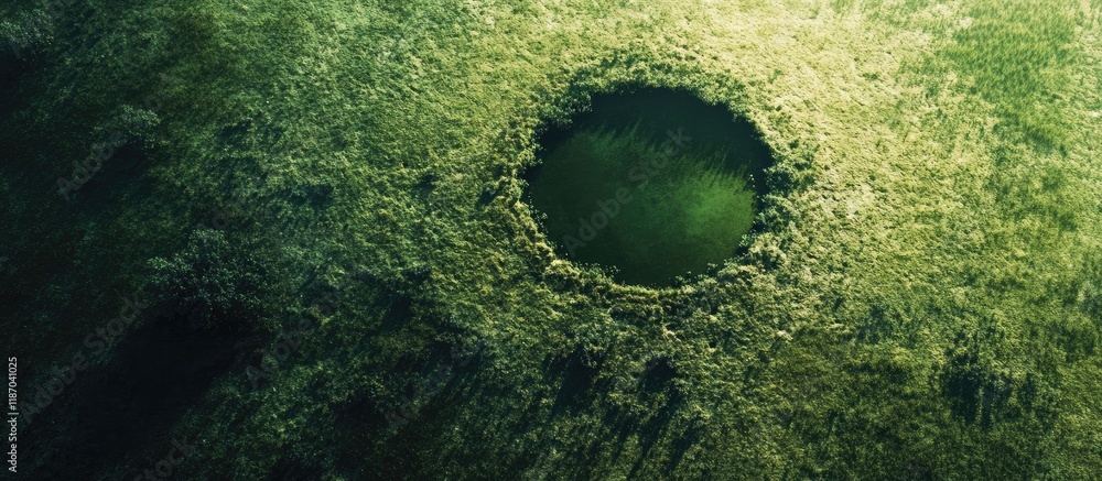 Poster aerial view of lush green field with circular clearing and ample negative space ideal for text or gr