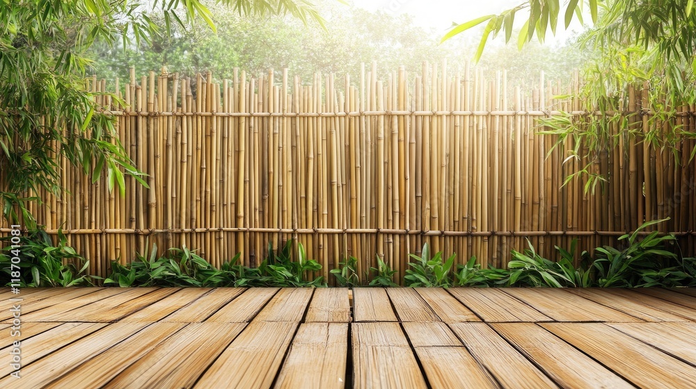 Poster bamboo fence background with wooden floor creating a serene natural setting for design and relaxatio