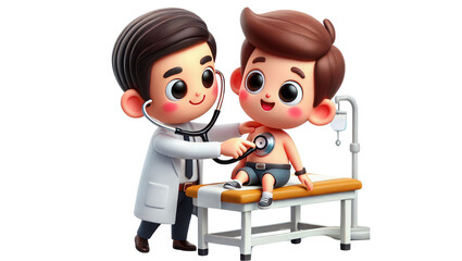 Doctor examines child patient with stethoscope in clinic setting cartoon style illustration