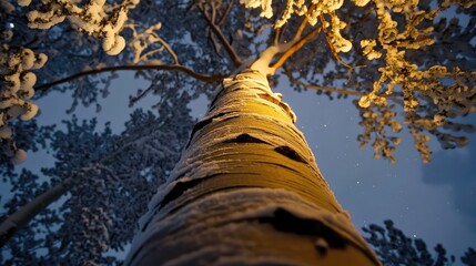 Fototapeta premium Snow-Covered Aspen Tree Trunk Reaching Toward the Night Sky Illuminated by Golden Lighting Winter Scene