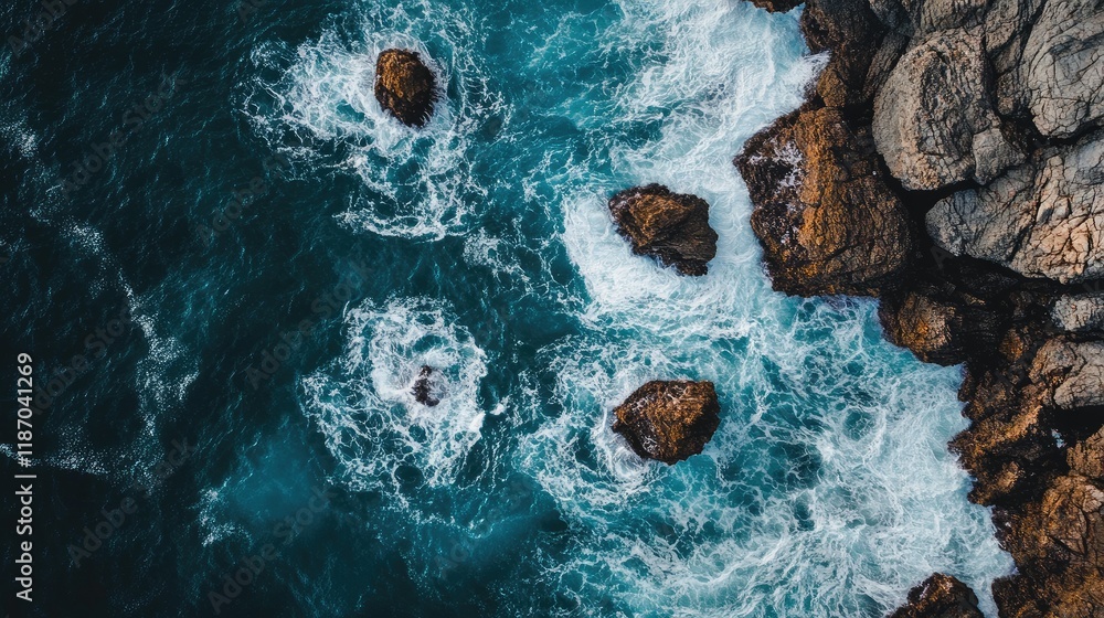 Poster aerial view of dynamic ocean waves breaking on rugged coastal rocks with blue water and space for te