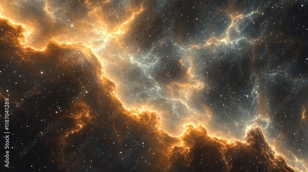 Poster cosmic nebula background with glowing orange highlights and starry space elements for digital design
