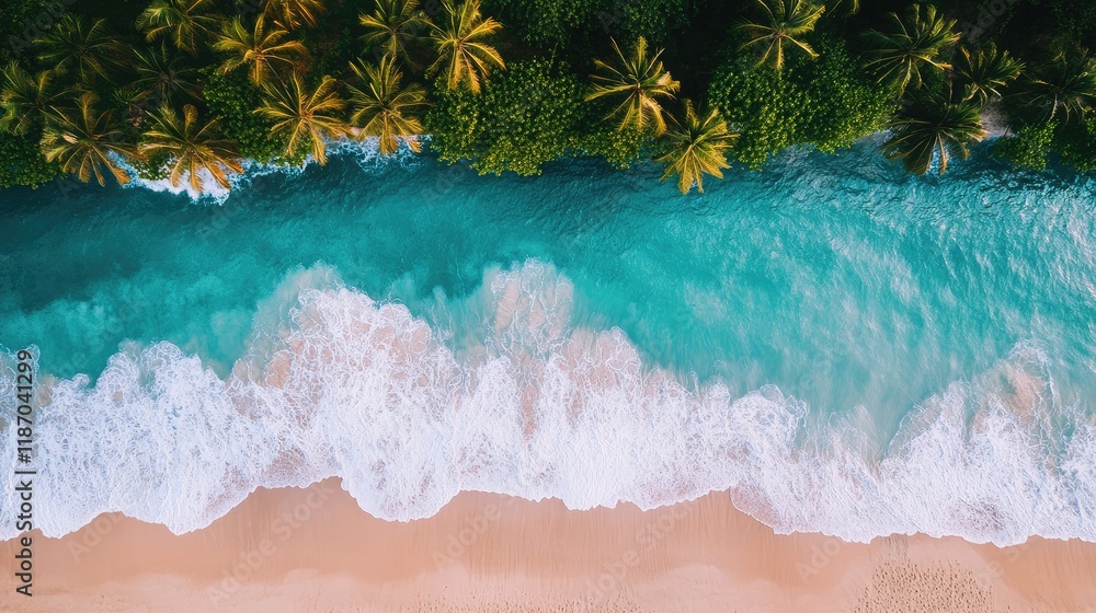 Poster aerial view of tranquil shoreline with tropical palm trees and waves creating a serene atmosphere su
