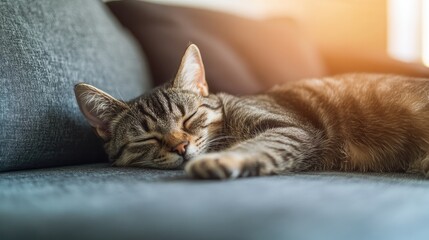 Cozy tabby cat resting peacefully on a grey sofa enjoying warm sunlight in a relaxing home environment