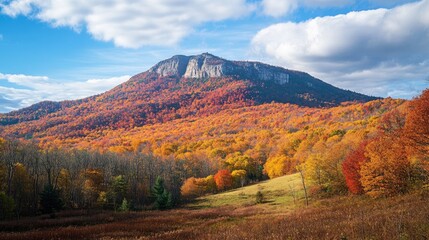 Stunning Fall Landscape of Vibrant Autumn Foliage Surrounding Majestic Mountain Peak Under Blue Sky with Fluffy Clouds