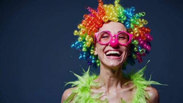 Clown portrait, funny young woman with colorful wig laughing