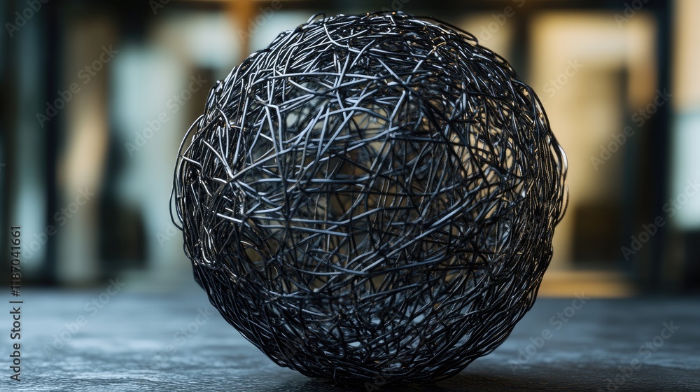 Poster textured wire ball sculpture on a dark surface with a blurred background creating a striking visual 