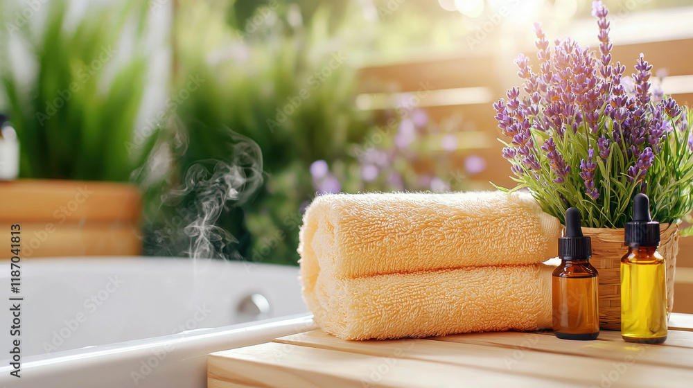 Poster Soft yellow towels beside steaming bath, adorned with lavender and essential oils, create serene and relaxing atmosphere for self care